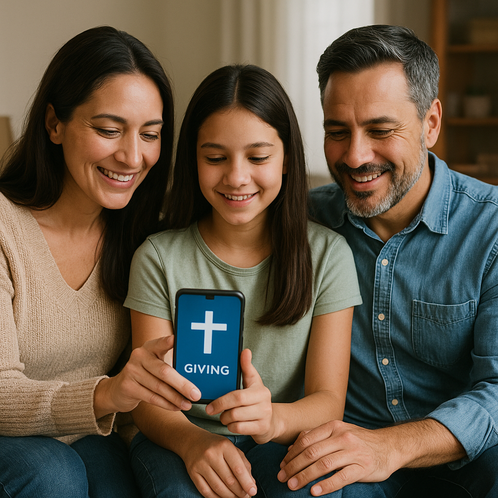 Christian family using smartphone app for digital giving and tithing